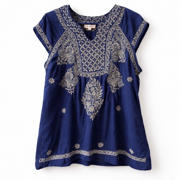 fettish Tops - Fettish Navy Blue Embroidered Boho Blouse | Peasant Tunic Top
